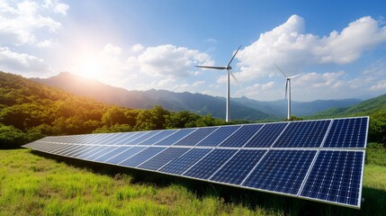 Solar panels & wind turbines in scenic landscape. Clean energy