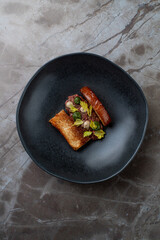 A beautifully arranged plate showcases a gourmet European dish of crispy bread topped with succulent meat and fresh greens, inviting diners to savor a unique culinary experience