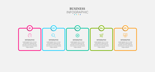 Business infographic thin line process with square template design with icons and 5 options or steps. Vector illustration.