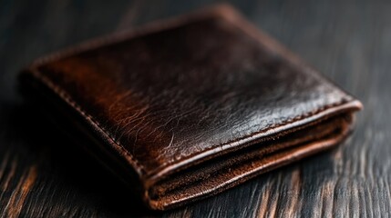 Brown leather wallet on dark wooden table