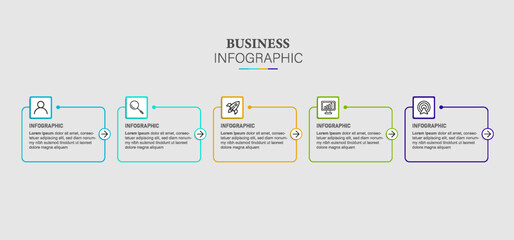 Business infographic thin line process with square template design with icons and 5 options or steps. Vector illustration.