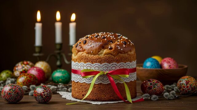 Easter kulich cake with eggs and burning candles video footage. Festive, traditional orthodox Easter holiday food motion picture for greeting card and family celebration.