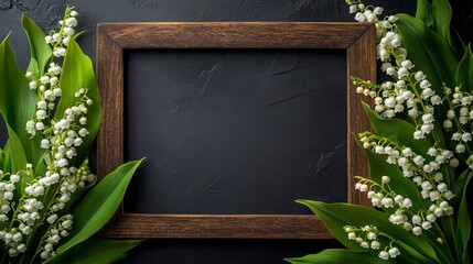 Elegant wooden frame adorned with delicate white lily-of-the-valley flowers against a black background. Minimalist and hyper-realistic floral composition emphasizing contrast and natural beauty.