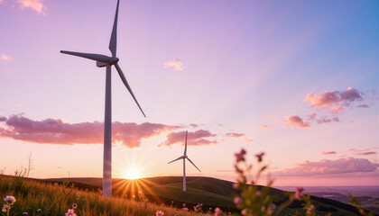 Obraz premium Modern wind turbines at sunset in serene landscape, renewable energy