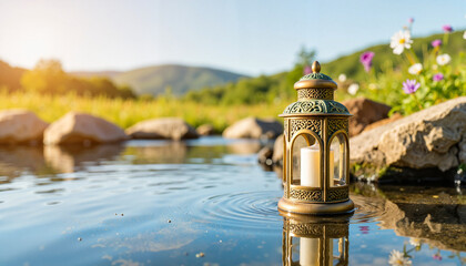 Antique brass lantern reflecting in serene pond, tranquility and nature