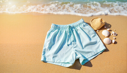 Pastel blue summer shorts on sandy beach with seashells, beach vibes