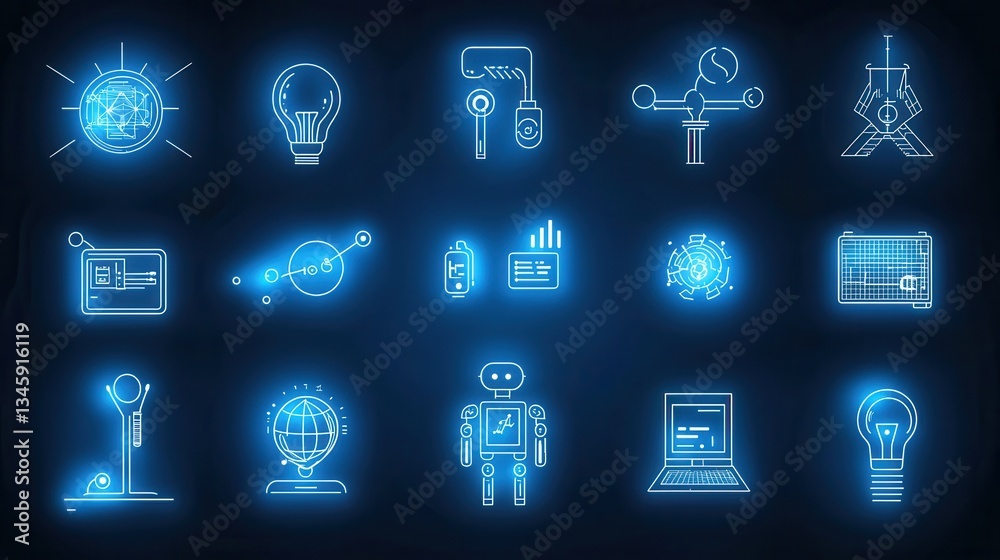 Poster a visually striking set of icons representing various aspects of ai driven innovation including tech