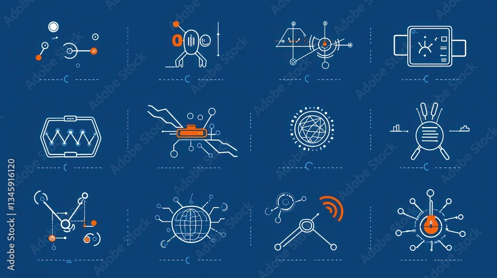 Poster a set of 15 unique and stylized icons representing various aspects of ai driven innovation including