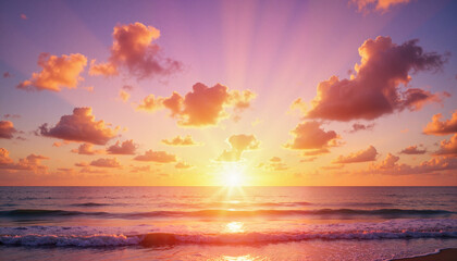 Obraz premium Radiant sunrise over ocean horizon, tranquil morning beauty