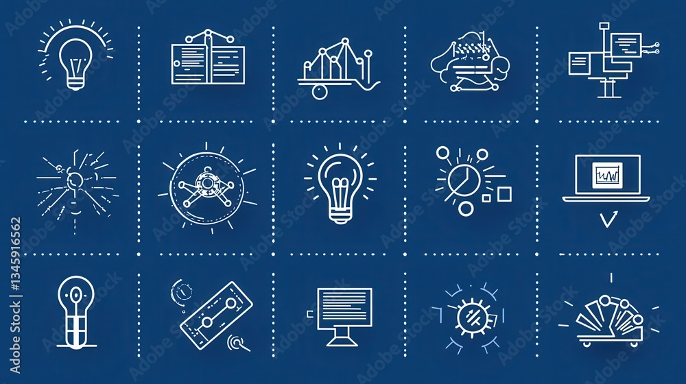 Poster a set of minimalist outline icons representing various concepts related to business optimization aut