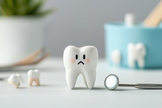 Dentist performing oral examination with mirror and probe on cartoon tooth model in dental office dental care concept bright environment close-up perspective
