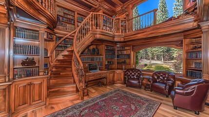Fototapeta premium A beautiful wooden library displays books and a spiral staircase