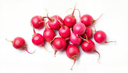 Cluster of fresh radishes on spotless white background, healthy eating