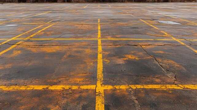 Empty Asphalt Parking Lot with Faded Yellow Lines and Weathered Texture