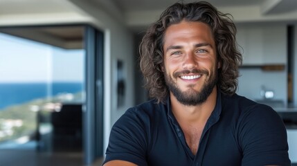 Obraz premium Smiling man with long hair and beard