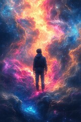 Fototapeta premium A person gazes into a colorful, swirling nebula of vibrant pinks and blues