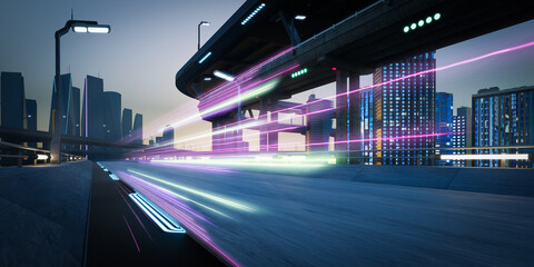 3d Futuristic highway traffic streaking through illuminated metropolis at dusk