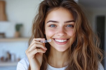 Smiling woman holding clear aligner at the dentist office lifestyle portrait bright environment close-up view orthodontic care concept
