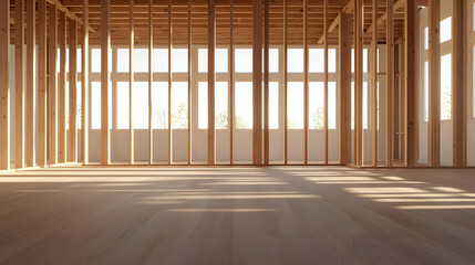 Interior Wooden Frame Construction Of Empty Room With Sunlight Shining Through Windows