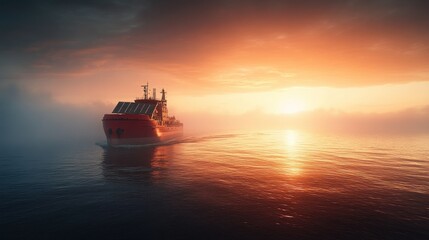 Red cargo ship sailing at sunset through a misty ocean