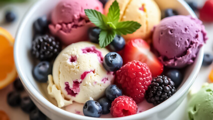 Keeping of ice cream flavor whit unused blueberry, strawberry, kiwi, lemon, vanilla setup on common foundation. Video animation