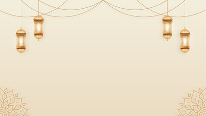 Simple Elegant Islamic Blank Horizontatal Background Featuring Golden Hanging Lanterns with a Soft Beige Gradient  