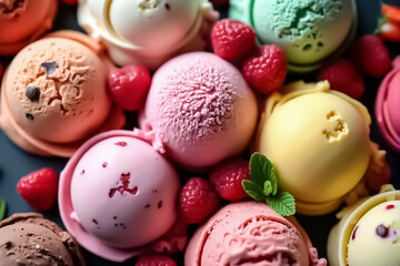 Keeping of ice cream flavor whit unused blueberry, strawberry, kiwi, lemon, vanilla setup on common foundation. Video animation