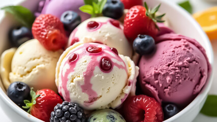 Keeping of ice cream flavor whit unused blueberry, strawberry, kiwi, lemon, vanilla setup on common foundation. Video animation