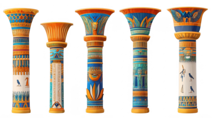 Five Ornate Columns with Colorful Egyptian Designs and Motifs