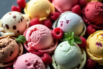 Keeping of ice cream flavor whit unused blueberry, strawberry, kiwi, lemon, vanilla setup on common foundation. Video animation