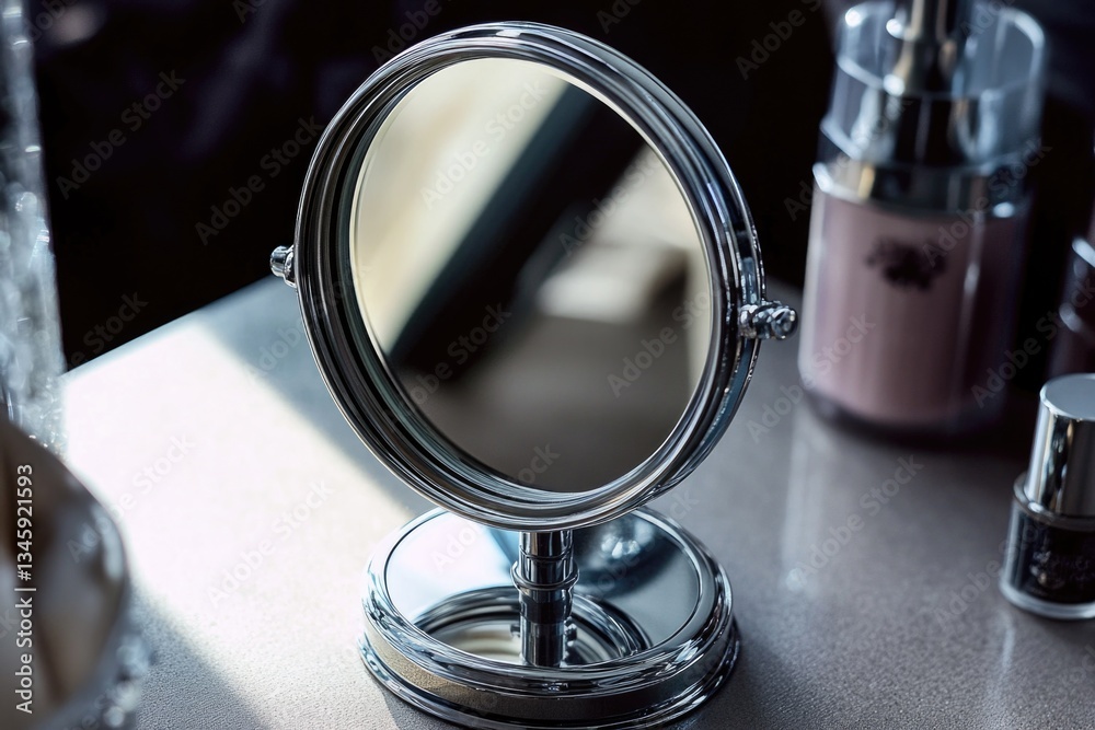 Poster a close-up view of a mirror sitting on a table, reflecting a neutral background