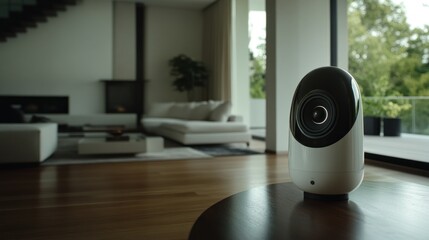 Modern security camera sits on table inside luxurious living room