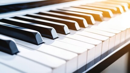 A close-up view of piano keys, showcasing the contrast between black and white keys, with soft lighting enhancing the elegant appearance.