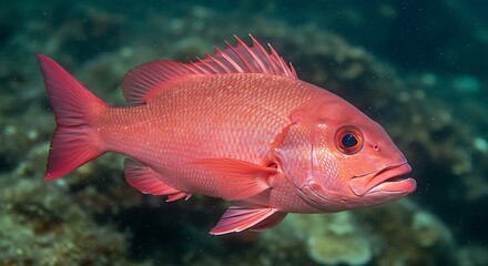 A red snapper with a bold reddish-pink body and sharp dorsal fins.