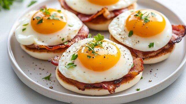 Sunny-side up eggs and crispy bacon on mini toasts