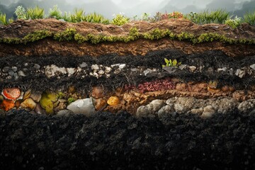 Cross-section of soil layers revealing topsoil, subsoil, bedrock, and diverse flora.
