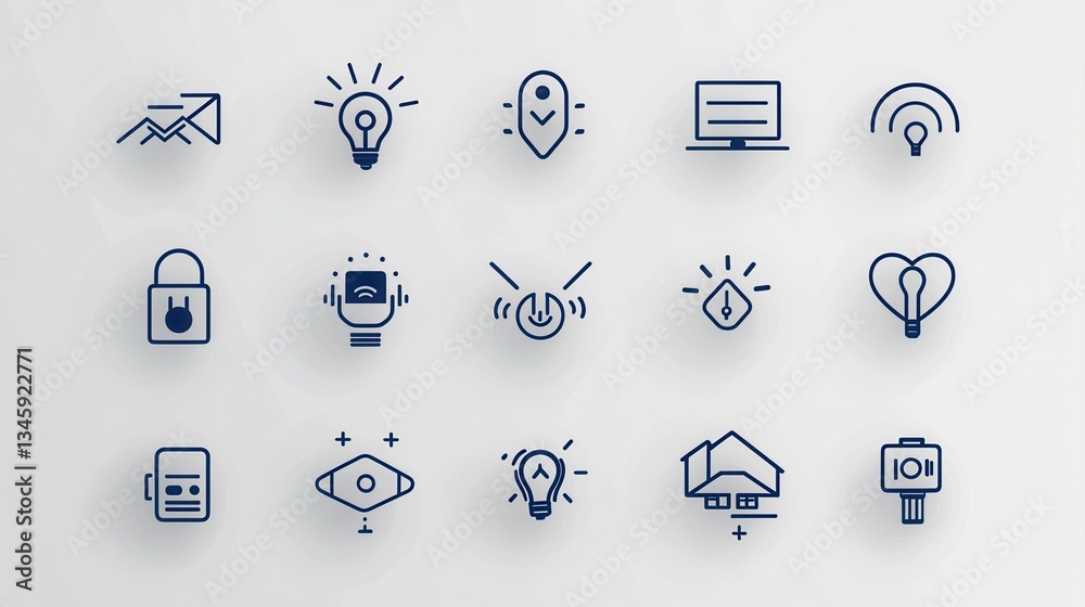 Poster a set of 15 minimalist outline icons representing various smart home features and technologies inclu