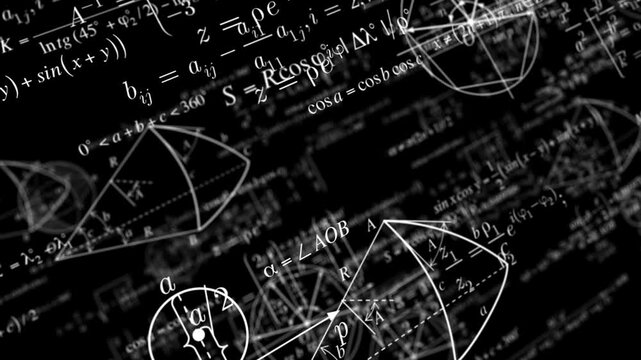 Digital geometric, physical formulas and mathematical symbols move in front, to tcamera with blur. Scientific concept with alpha channel. Motion design element for overlaying on video using luma mask.