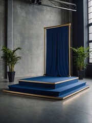 Blue podium platform mockup with cloth banner