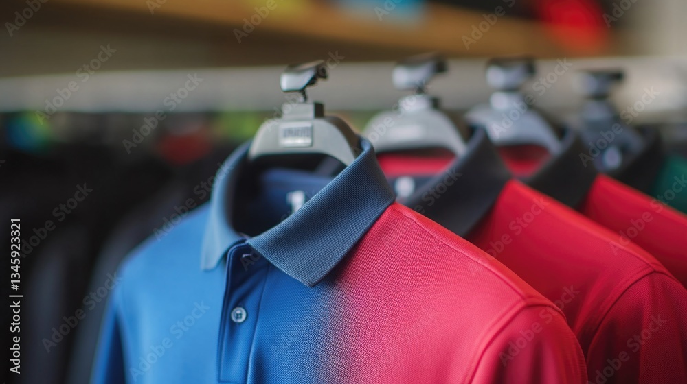 Aufkleber a row of red and blue shirts hung on a rack, ready for use or display