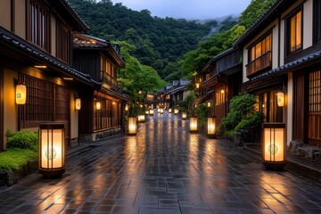 Fototapeta premium A small onsen village at night, steam rising from the hot spring baths, lanterns glowing softly