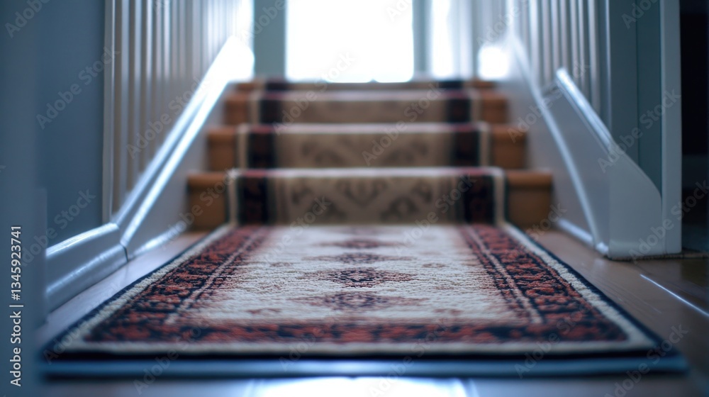 Poster a carpeted staircase with a comfortable runner, suitable for use in homes or commercial spaces