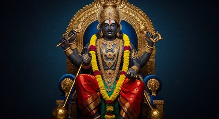 Fototapeta premium Lord Hanuman adorned with golden ornaments, captured with regal grandeur