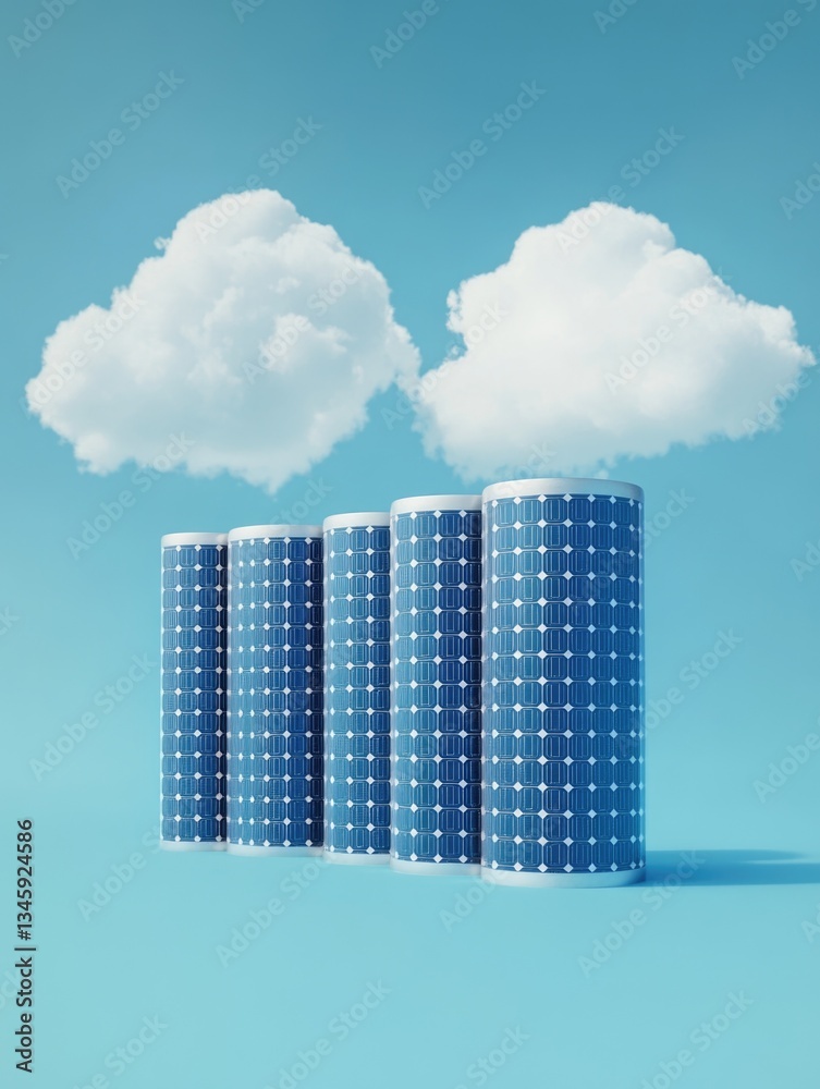 Poster A row of solar panels under a cloudy sky, suitable for use in environmental or technology-related contexts