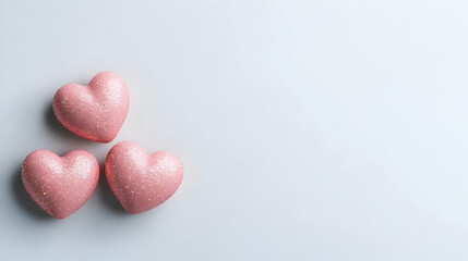 Obraz premium Three Pink Glitter Hearts On Light Grey Background