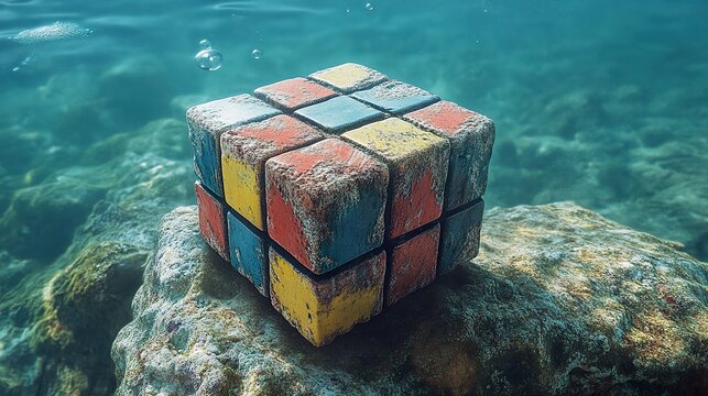 A partially solved colorful puzzle cube resting underwater on a rock