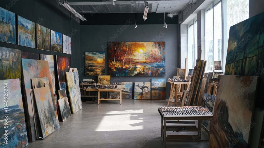 Poster a cozy art gallery room with many paintings on the walls and a comfortable bench in the center