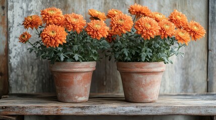 Naklejka premium Rustic fall RV decor with clay pots filled with vibrant orange chrysanthemums on a distressed wooden shelf. Cozy autumn ambiance with warm seasonal colors and natural textures.