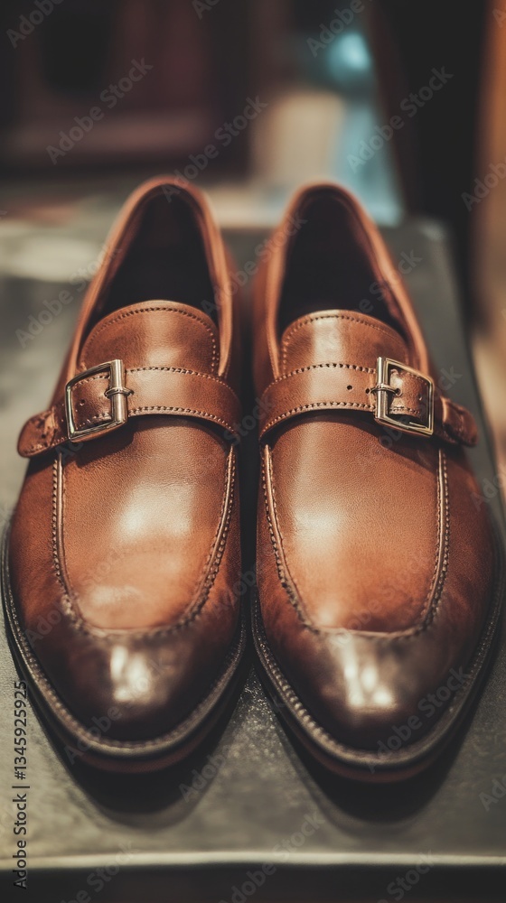Poster a pair of brown shoes resting on a table, suitable for use in still life photography or as a prop in