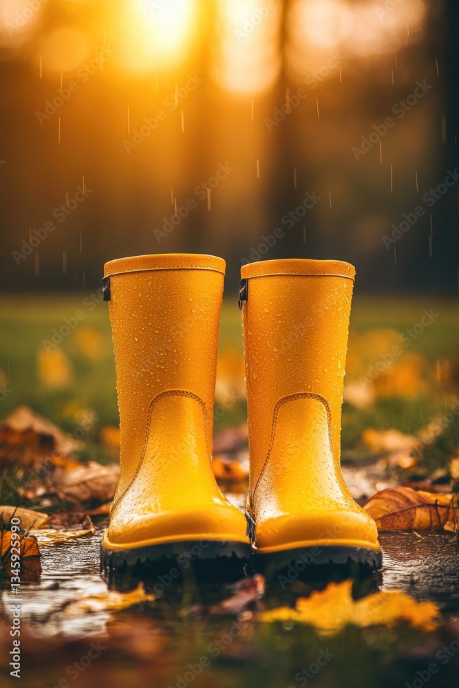 Poster a pair of yellow rain boots sitting on top of a puddle of water, ideal for use in illustrations or d